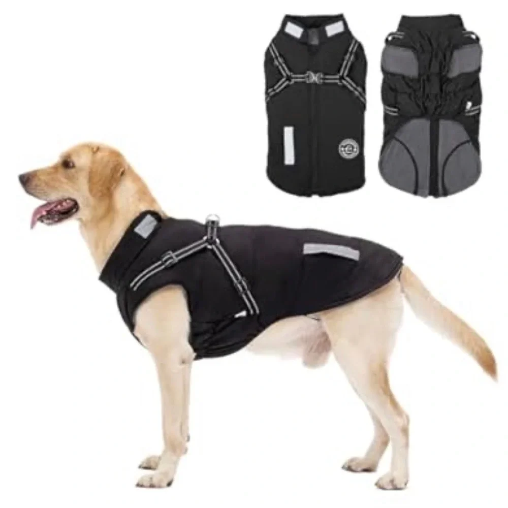 JoyDaog 4XL Winter Dog Jacket Waterproof Reflective Fleece Lined‎ Harness Black
